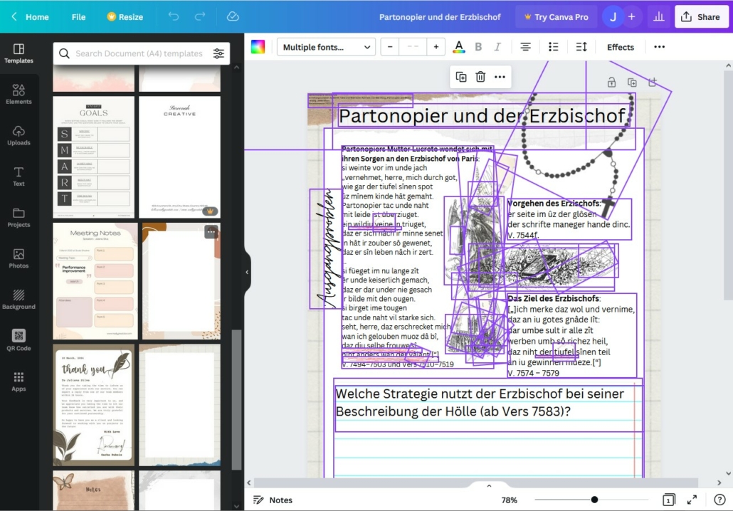 Das Bild zeigt die Bildschirmansicht der Canva-Arbeitsfläche. Auf der linken Seite sind verfügbare Templates dargestellt. Canva zeigt die Position und Größe jedes Bereichs von Text, Bildern oder Zeichnungen, um eine präzise Positionierung zu ermöglichen.