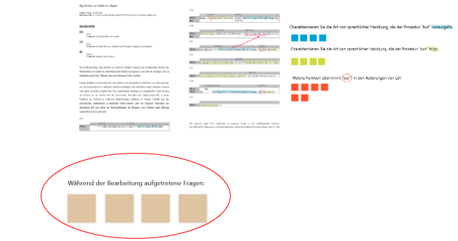 Das Bild zeigt erneut die gelösten Aufgaben, das Transkript sowie darunter vier braune, leere Kästen als Platzhalter für Fragen.