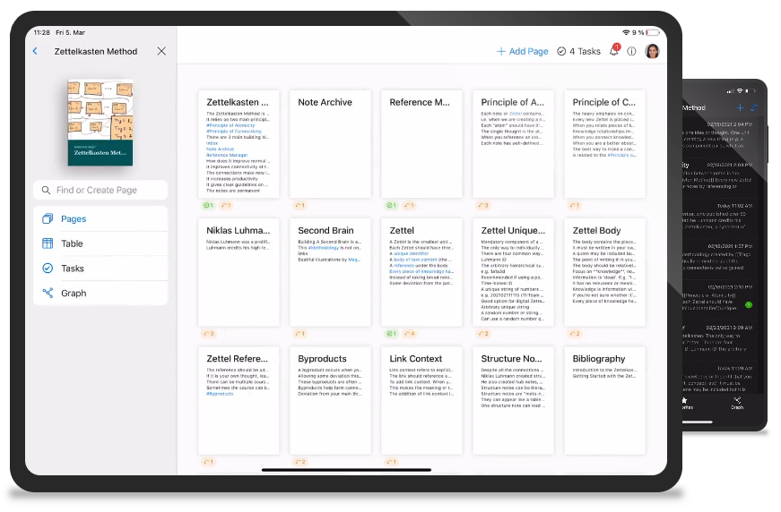 Das Bild zeigt einen Tablet-Bildschirm mit der Zenkit Hypernotes-App. Der Überblick zeigt alle Notizdateien des Nutzenden an. Links befindet sich eine Suchleiste, die verschiedene Optionen zur Anzeige spezifischer Dateien bietet.