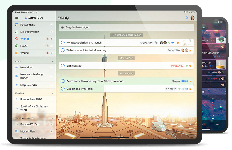 Das Bild zeigt einen Tablet-Bildschirm mit der Zenkit-App. Verschiedene To-Do Listen sind unter der Kategorie „Wichtig“ dargestellt. Auf der linken Seite befinden sich Kategorien anderer Listen.